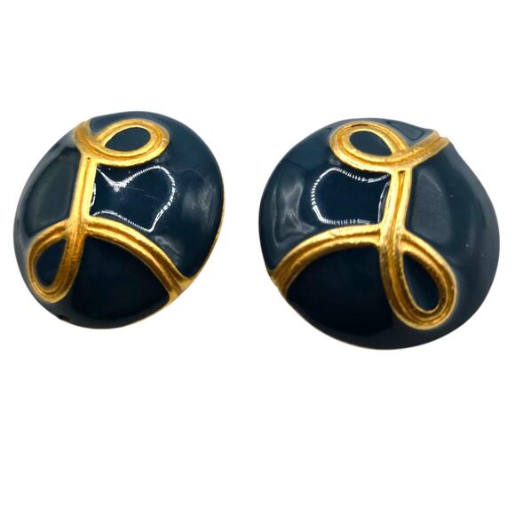 Monet Swirling Ribbon Earrings Clip On Blue Enamel Round Gold Tone Vintage - Picture 4 of 8